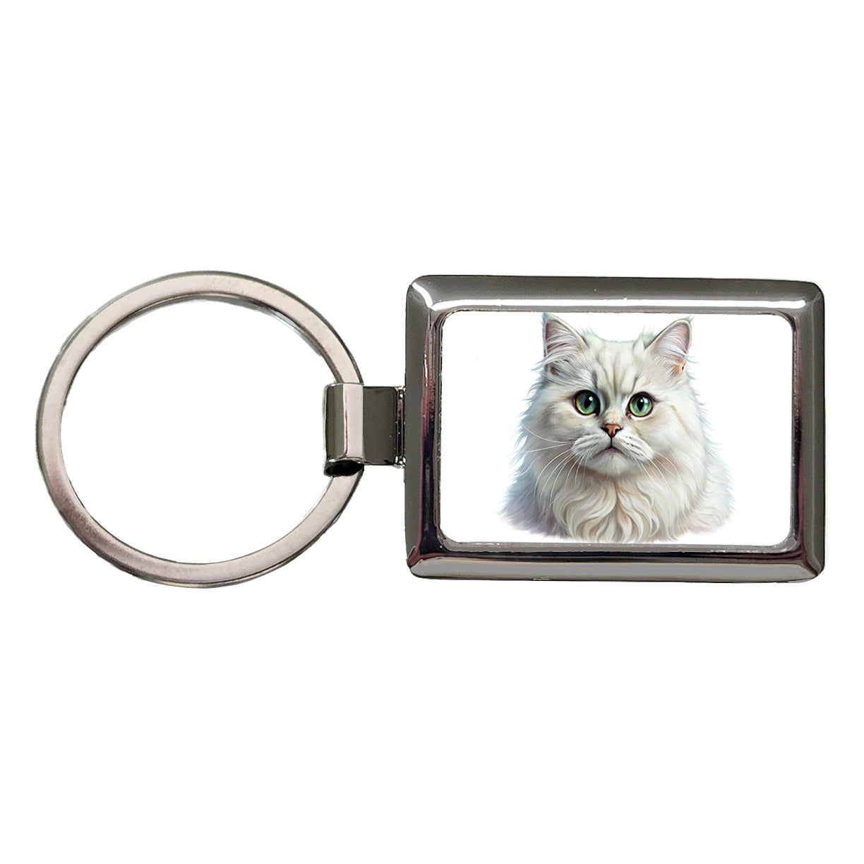 British Longhair White Cat Illustration Rectangle Metal Keychain