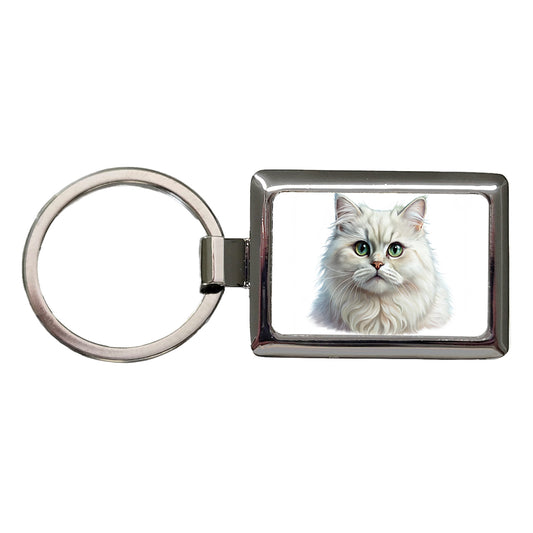 British Longhair White Cat Illustration Rectangle Metal Keychain