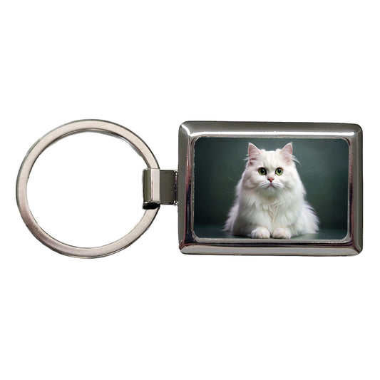 British Longhair White Cat Photo Rectangle Metal Keychain