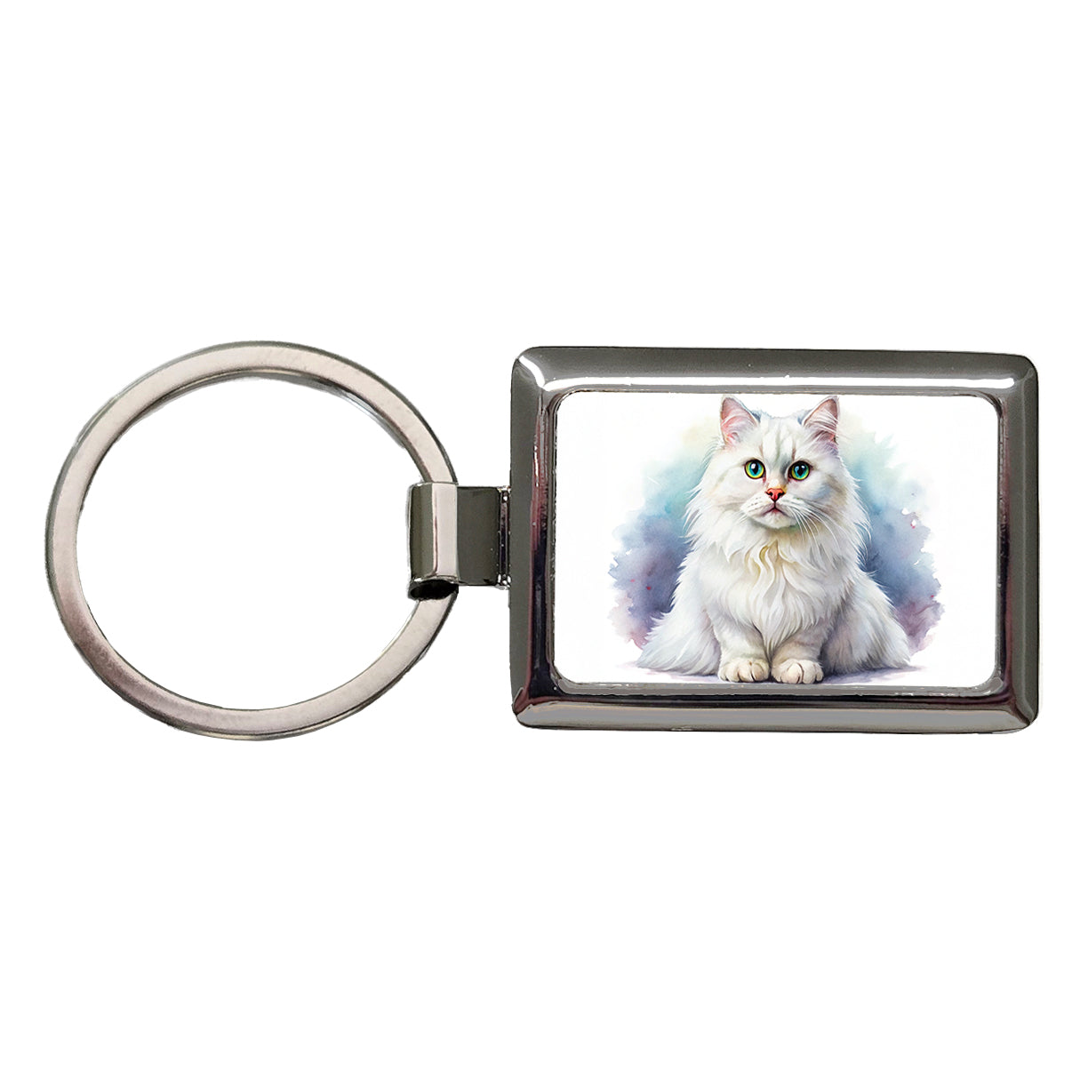 British Longhair White Cat Watercolor Style Rectangle Metal Keychain