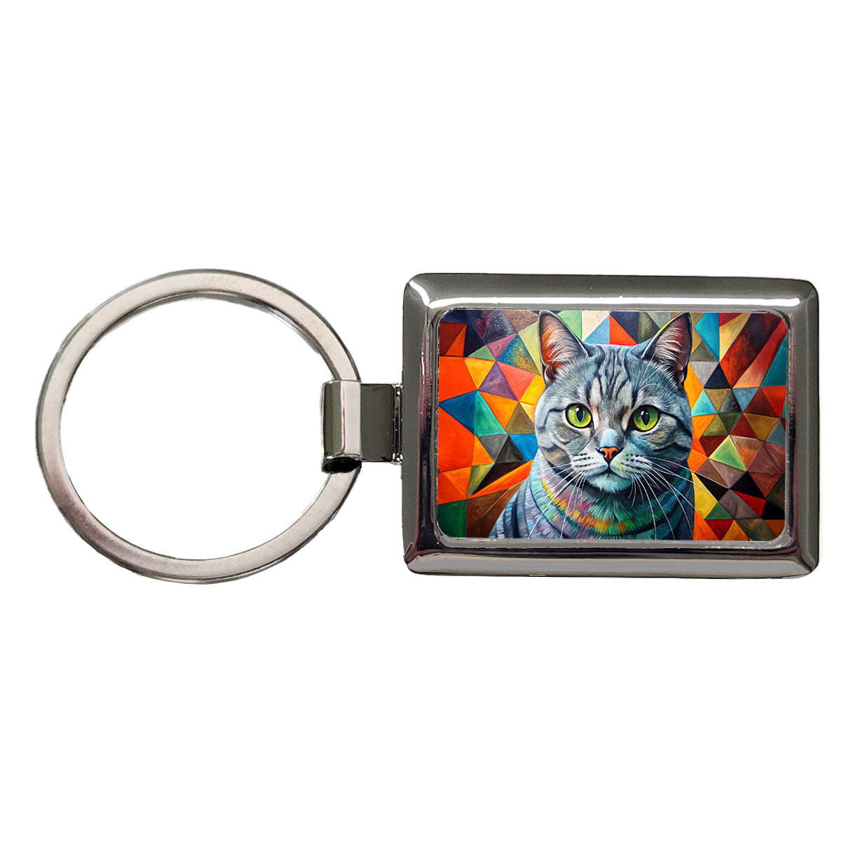 British Shorthair Gray Cat Abstract Art Rectangle Metal Keychain