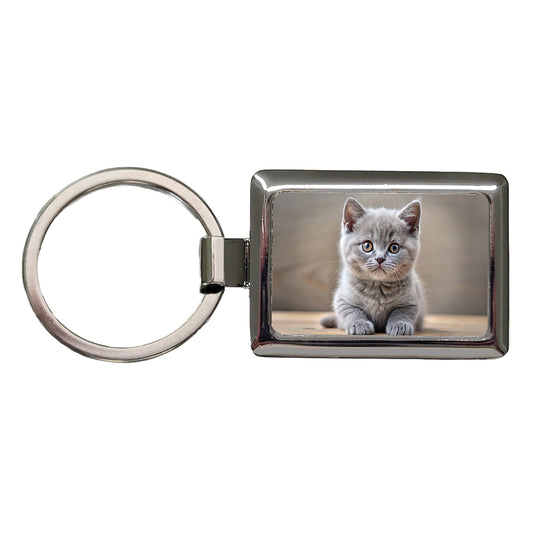 British Shorthair Gray Cat Kitten Photo Rectangle Metal Keychain