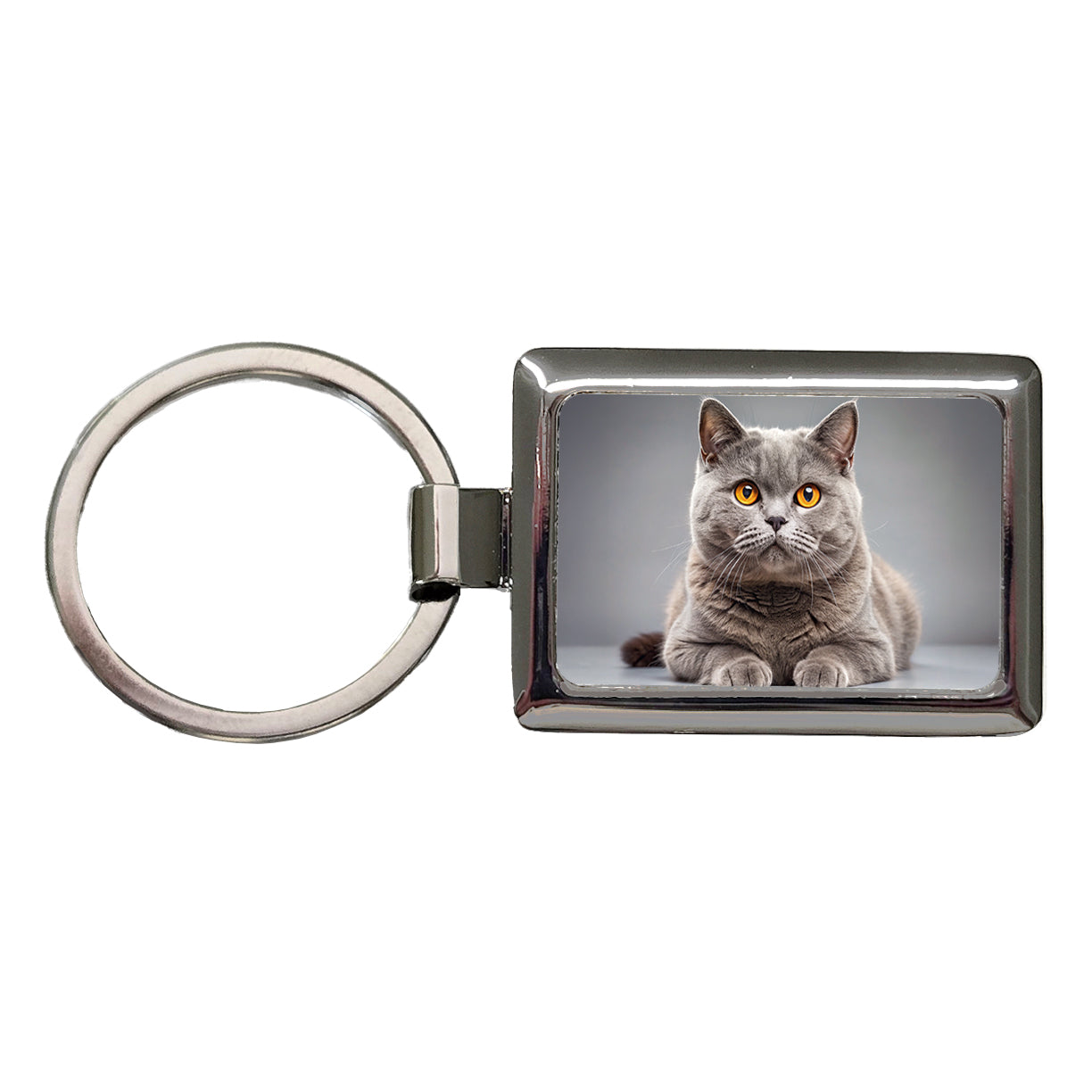 British Shorthair Gray Cat Photo Rectangle Metal Keychain