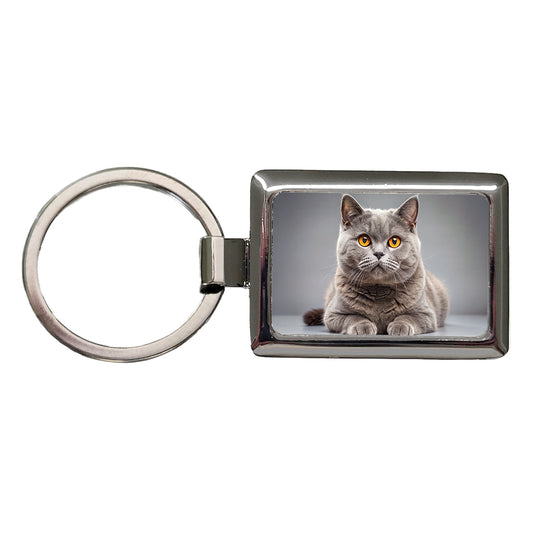 British Shorthair Gray Cat Photo Rectangle Metal Keychain