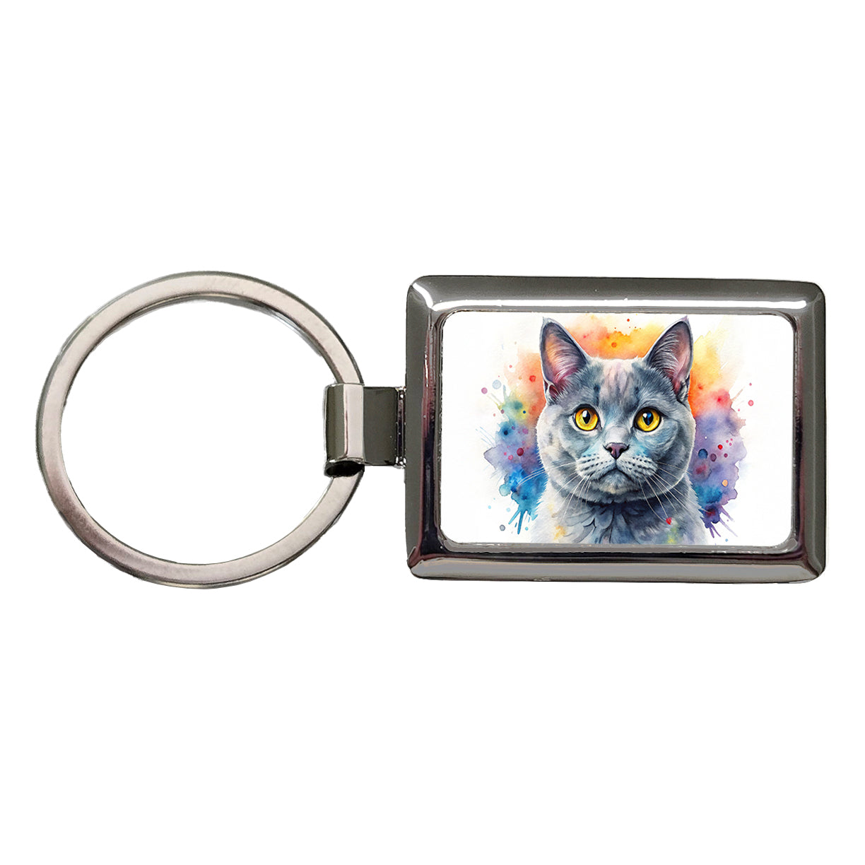 British Shorthair Gray Cat Watercolor Style Rectangle Metal Keychain