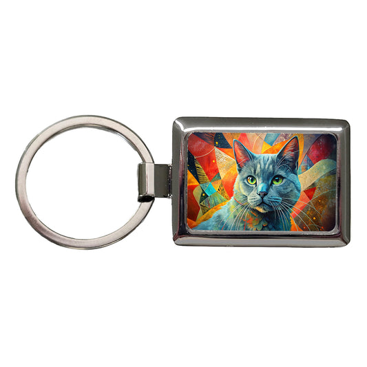 Chartreux Cat Abstract Art Rectangle Metal Keychain