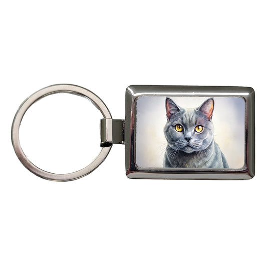 Chartreux Cat Illustration Rectangle Metal Keychain