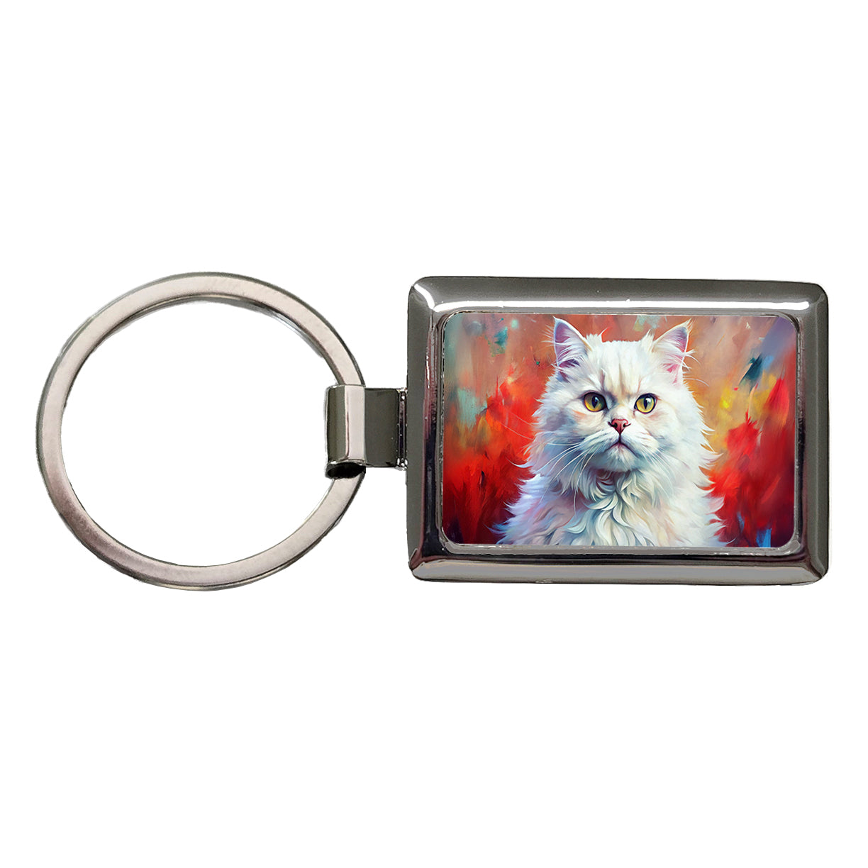 Classic Persian White Cat Abstract Art Rectangle Metal Keychain