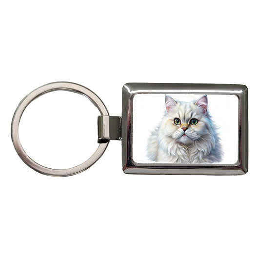 Classic Persian White Cat Illustration Rectangle Metal Keychain