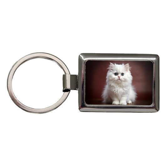 Classic Persian White Cat Kitten Photo Rectangle Metal Keychain