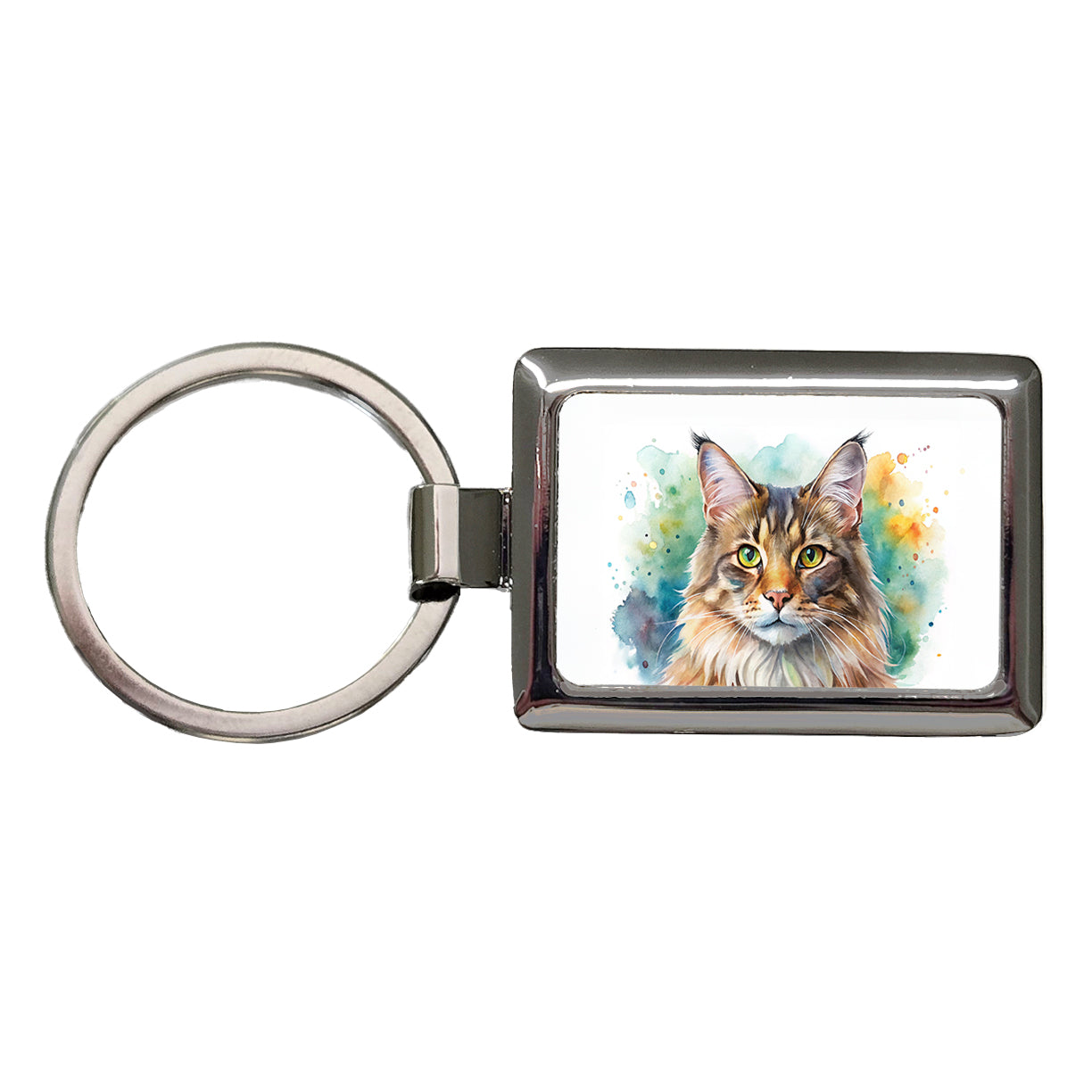 Maine Coon Cat Watercolor Style Rectangle Metal Keychain