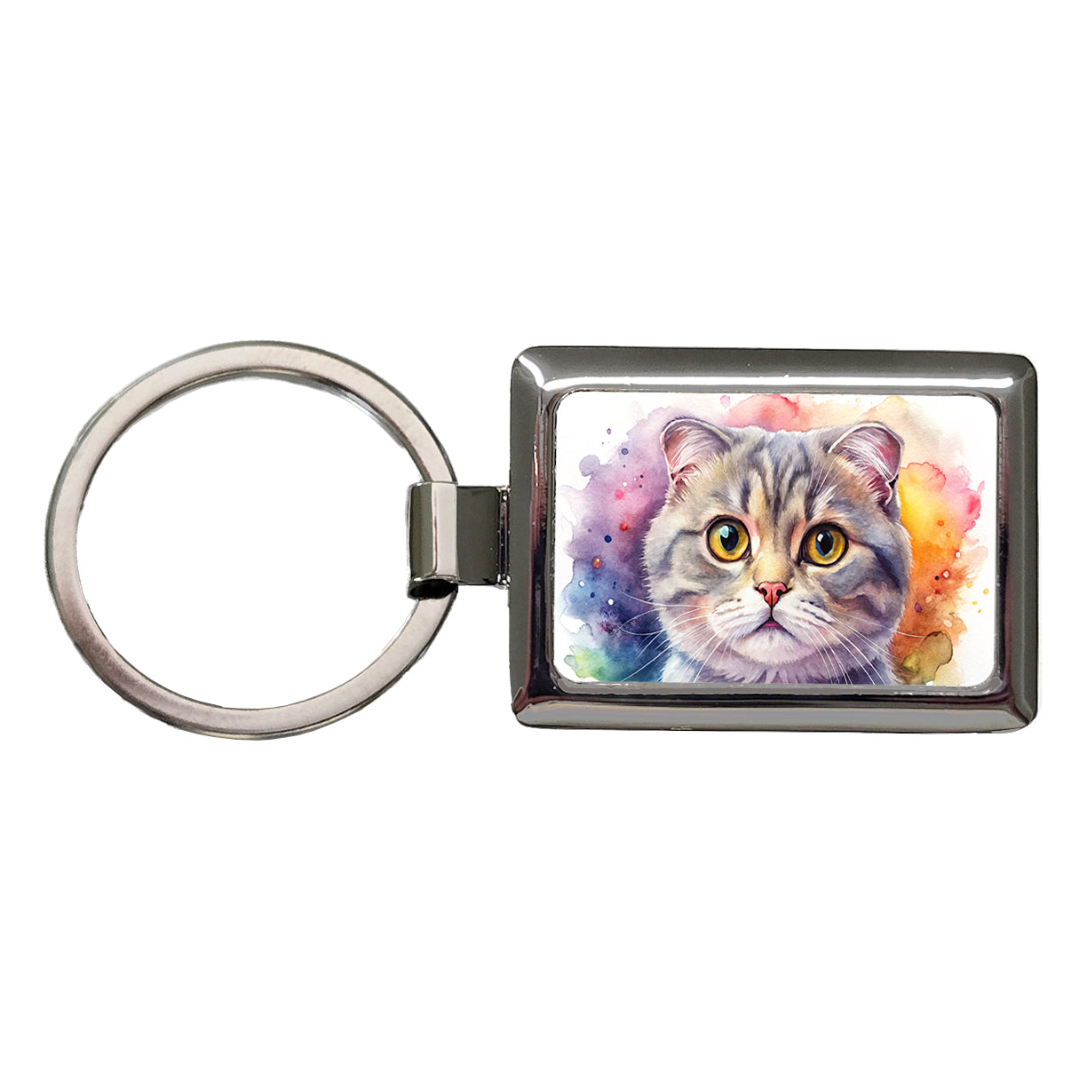 Scottish Fold Cat Watercolor Style Rectangle Metal Keychain
