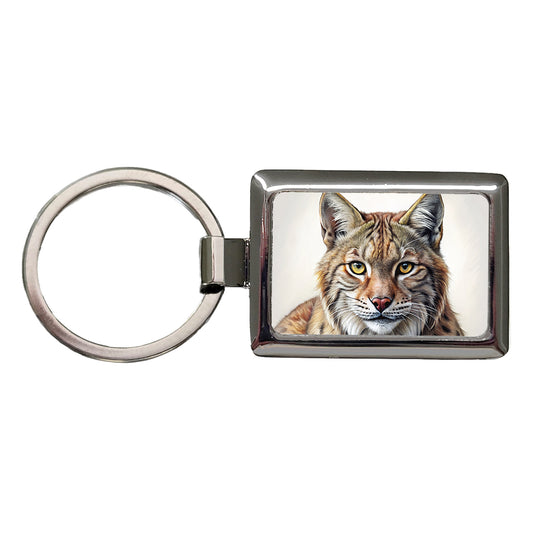 Bobcat Face Illustration Rectangle Metal Keychain