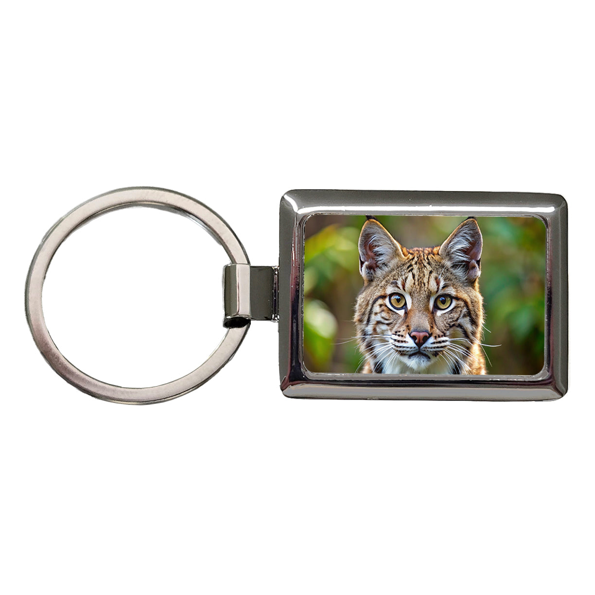 Bobcat Face Photo Rectangle Metal Keychain