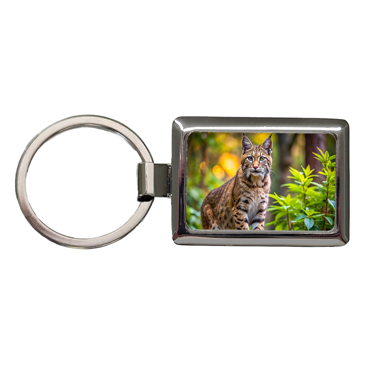 Bobcat In The Forest Rectangle Metal Keychain