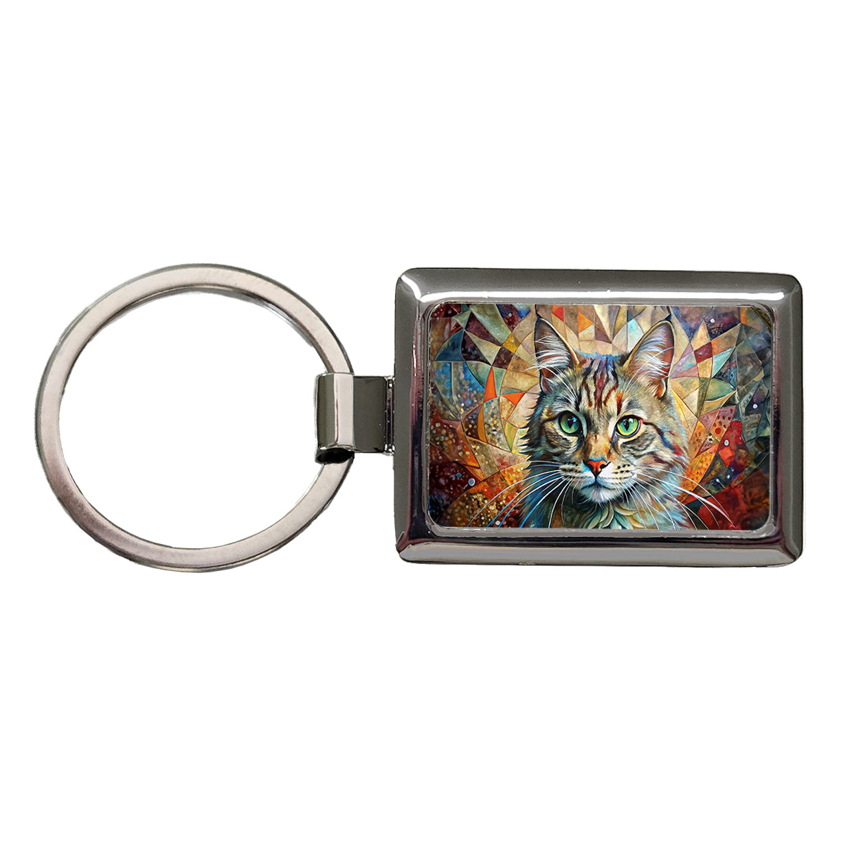 Cute Tabby Cat Abstract Art Rectangle Metal Keychain