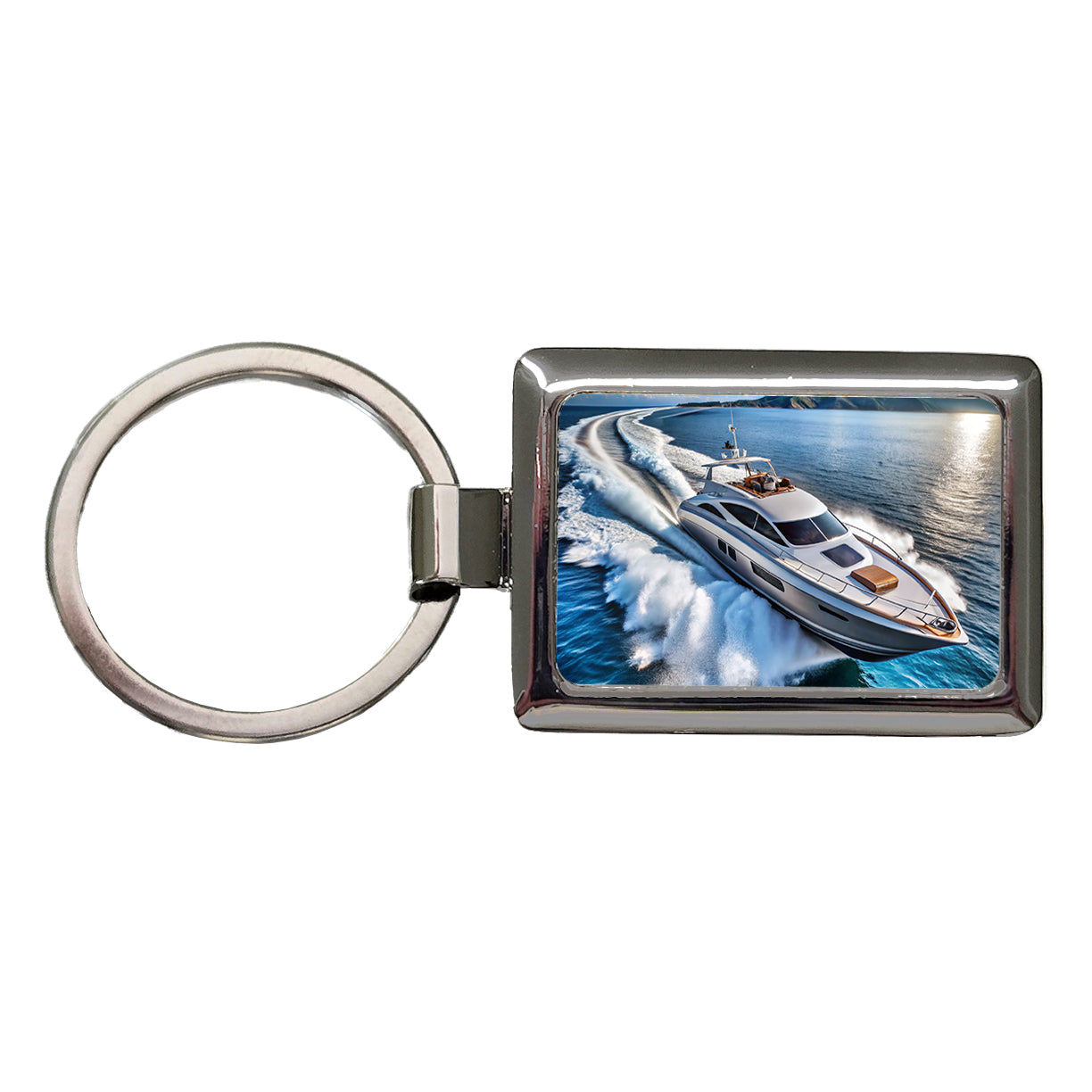 High-Performance Boat At Sea Rectangle Metal Keychain