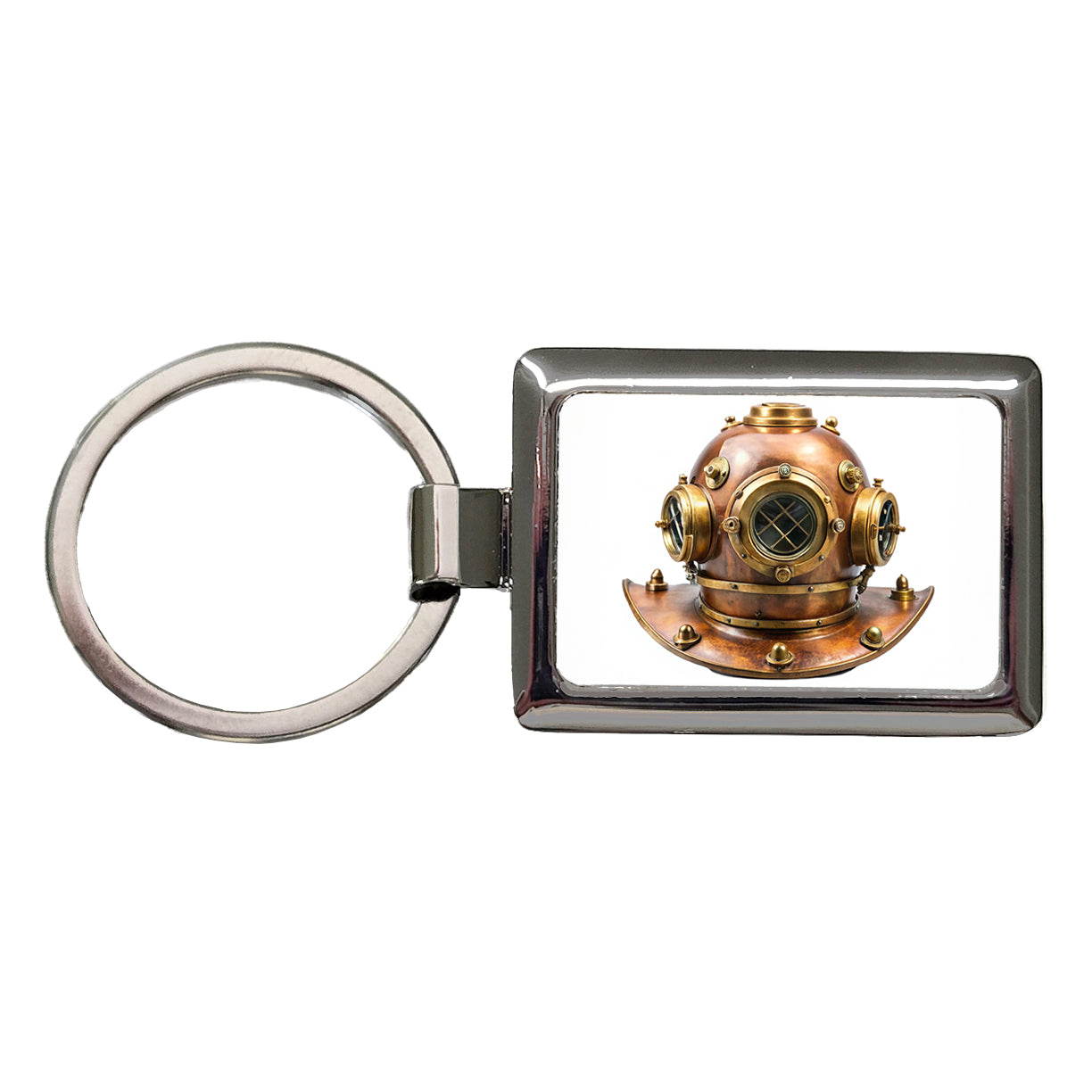 Retro Copper And Brass Diving Helmet Rectangle Metal Keychain