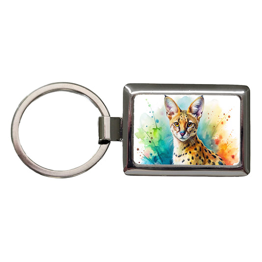 Serval Wild Cat Watercolor Design Rectangle Metal Keychain