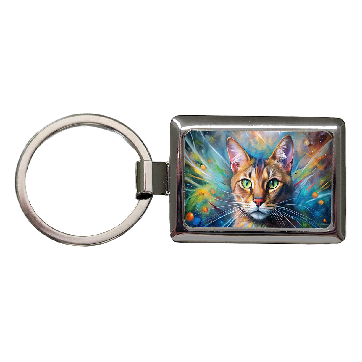 Tabby Cat Abstract Art Color Explosion Rectangle Metal Keychain