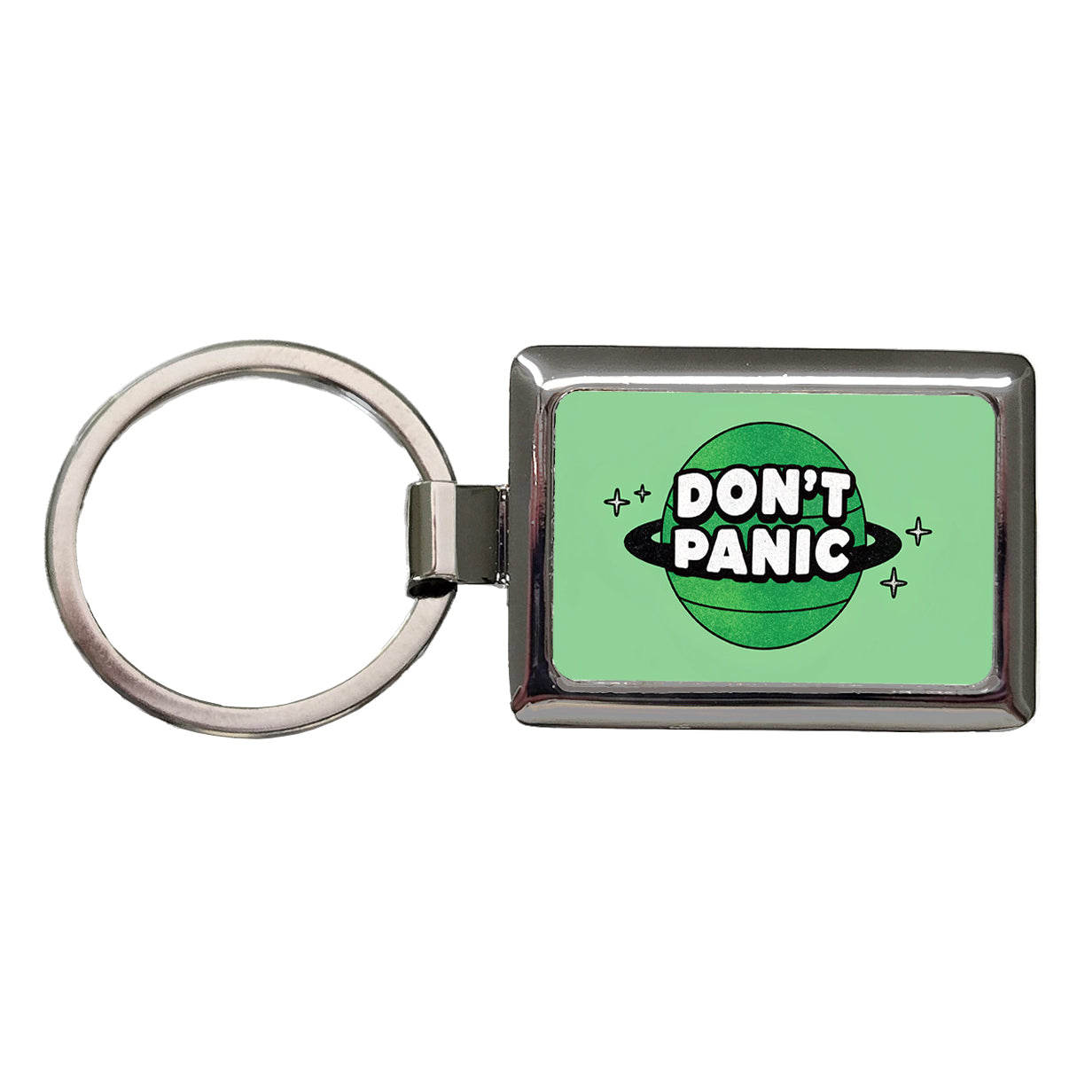 Don't Panic Funny Saying With Planet Rectangle Metal Keychain