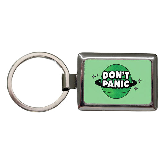 Don't Panic Funny Saying With Planet Rectangle Metal Keychain
