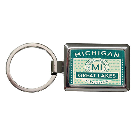 Michigan MI Great Lakes Mitten State Travel Vacation Stamp Rectangle Metal Keychain