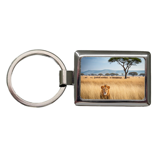 African Safari Lion Rectangle Metal Keychain