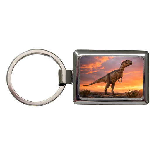Allosaurus Standing Sunset Dinosaur Rectangle Metal Keychain