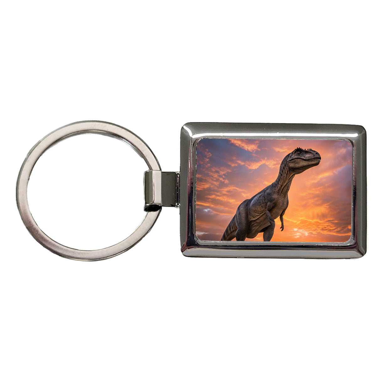 Allosaurus Sunset Dinosaur Rectangle Metal Keychain