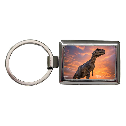 Allosaurus Sunset Dinosaur Rectangle Metal Keychain