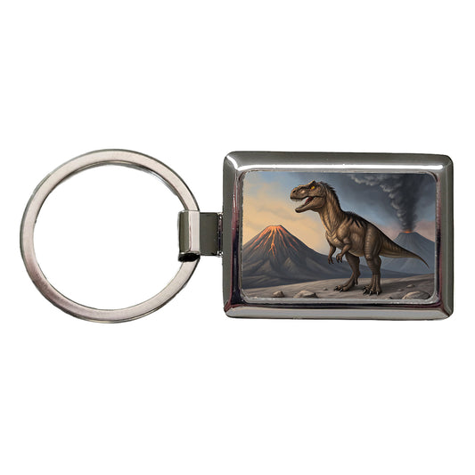 Allosaurus Two Volcanos Dinosaur Rectangle Metal Keychain