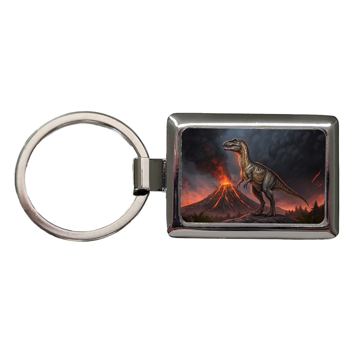 Allosaurus Volcano Dinosaur Rectangle Metal Keychain