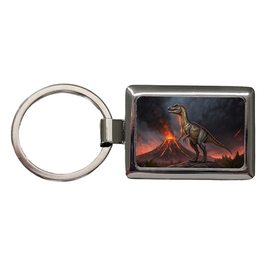 Allosaurus Volcano Dinosaur Rectangle Metal Keychain