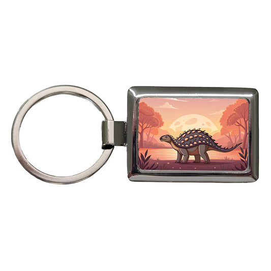 Ankylosaurus Sunset Dinosaur Rectangle Metal Keychain