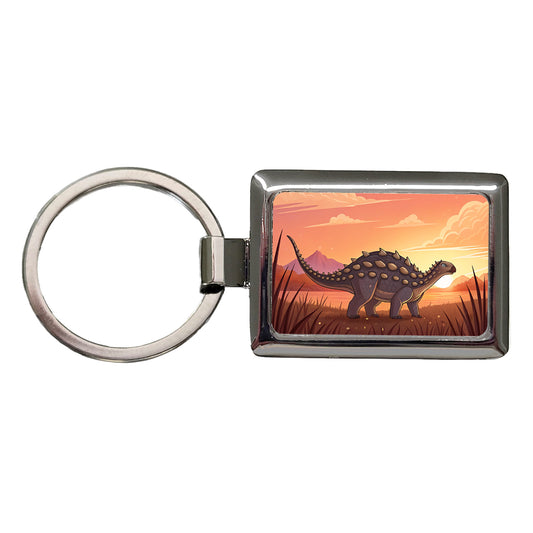 Ankylosaurus Sunset Sunrise Dinosaur Rectangle Metal Keychain