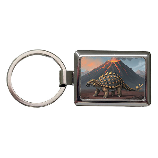 Ankylosaurus Volcano Erupting Dinosaur Rectangle Metal Keychain
