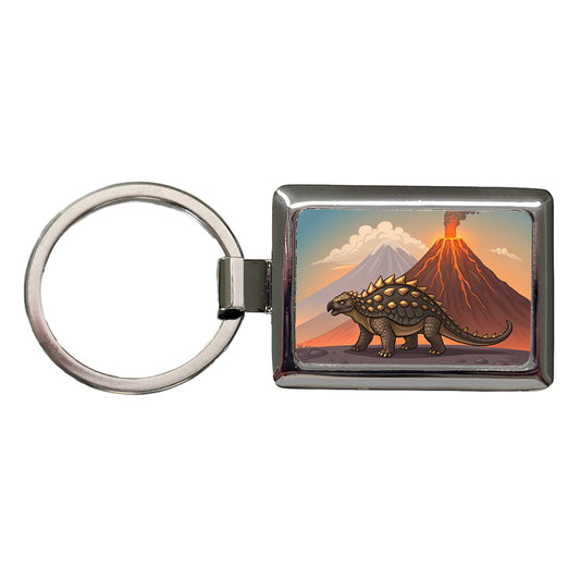 Ankylosaurus Volcanos Dinosaur Rectangle Metal Keychain