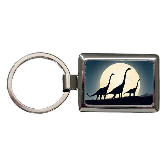 Apatosaurus Silhouettes Moon Night Dinosaurs Rectangle Metal Keychain