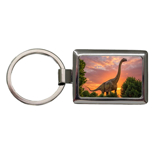 Apatosaurus Sunset Dinosaur Rectangle Metal Keychain