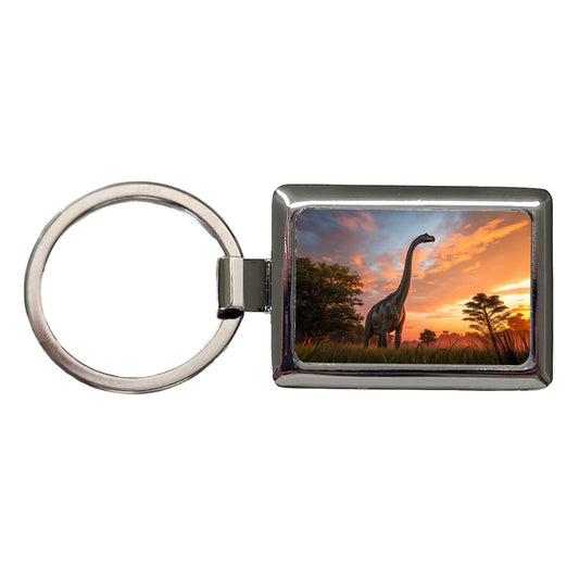Apatosaurus Sunset Sunrise Dinosaur Rectangle Metal Keychain