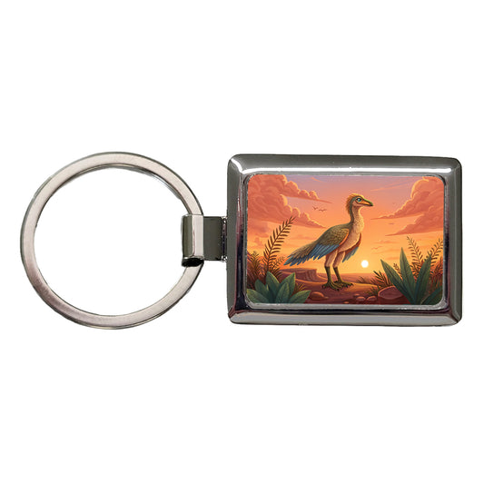 Archaeopteryx Standing Sunset Dinosaur Rectangle Metal Keychain