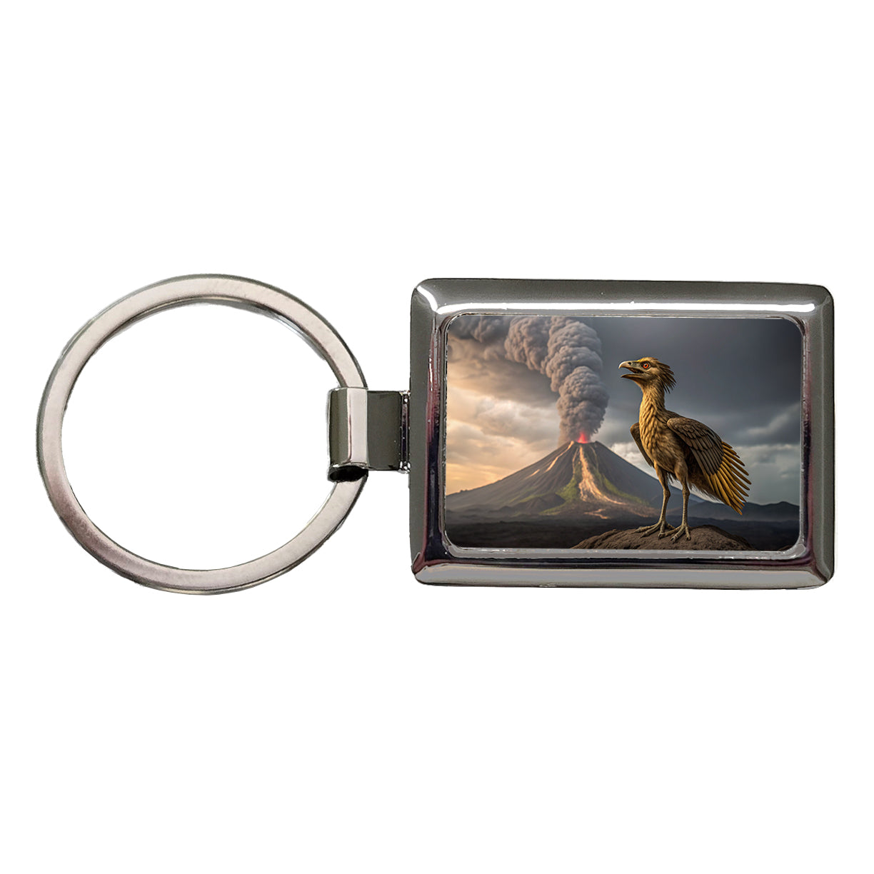 Archaeopteryx Volcano Dinosaur Rectangle Metal Keychain