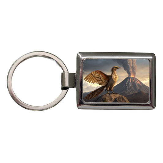 Archaeopteryx Volcano Erupting Dinosaur Rectangle Metal Keychain