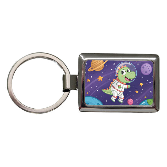 Astronaut Dinosaur Floating Outer Space Planets Rectangle Metal Keychain