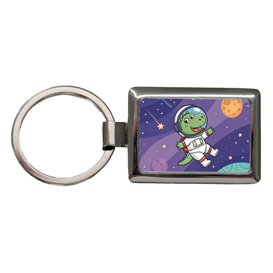 Astronaut Dinosaur In Space Suit Planets Rectangle Metal Keychain