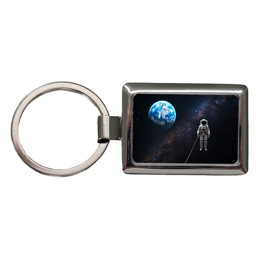 Astronaut Drifting In Space Earth Rectangle Metal Keychain