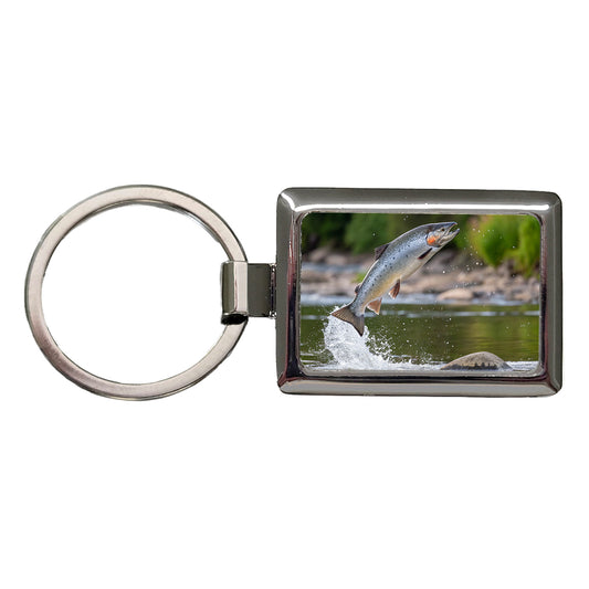 Atlantic Salmon Fish Jumping Fishing River Rectangle Metal Keychain