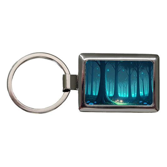 Bioluminescent Forest Mushrooms Trees Rectangle Metal Keychain