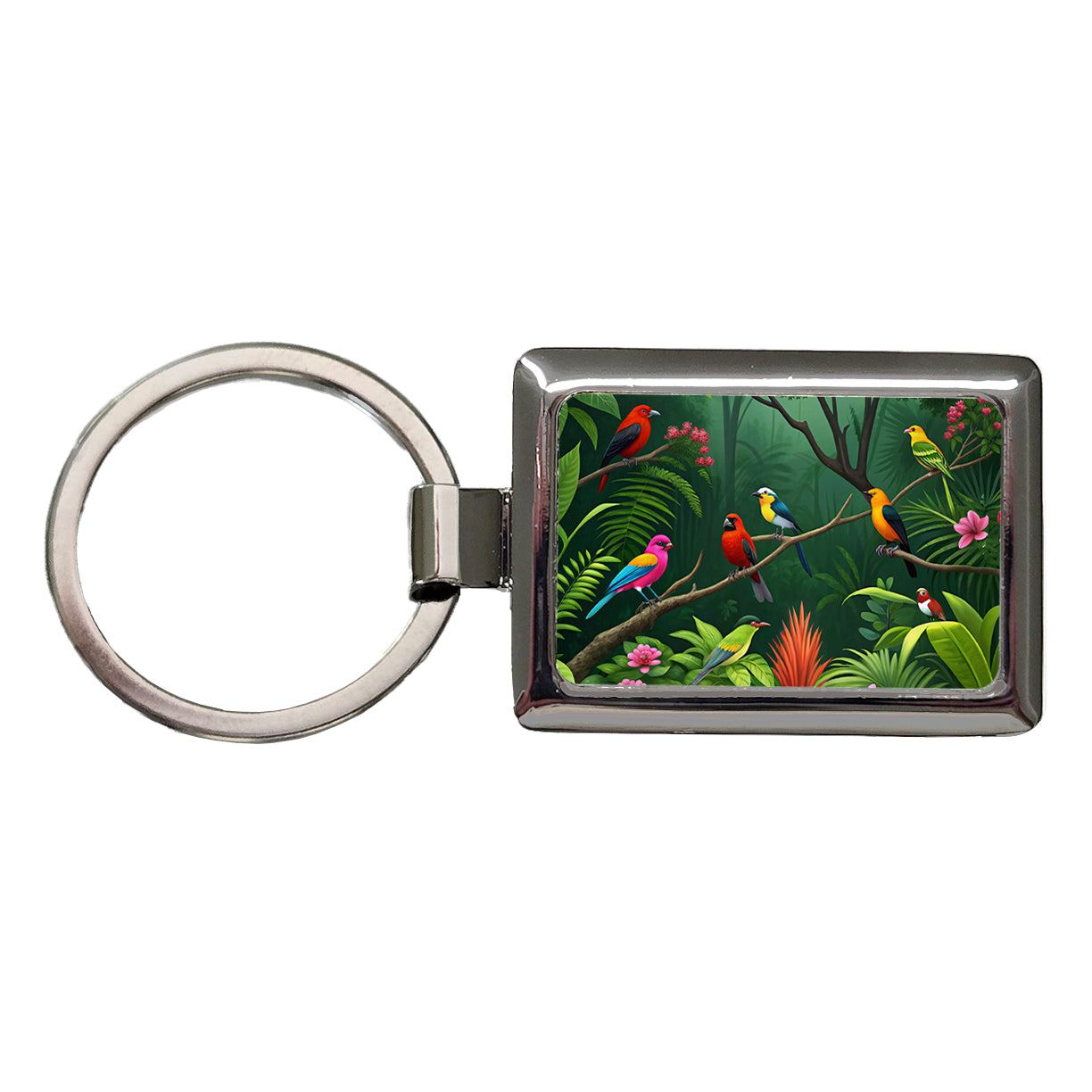 Birds In Jungle Trees Ferns Rectangle Metal Keychain